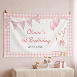 Silly Goose Pink Gingham Girl Birthday Banner