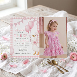 Silly Goose Pink Gingham Girl Birthday Invitation