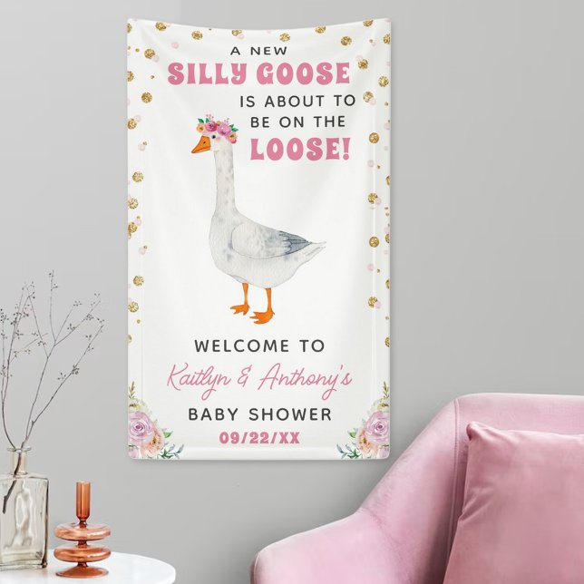 Silly Goose Pink Watercolor Girls Baby Shower Banner (Creator Uploaded)