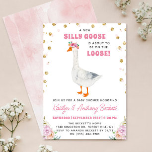 Silly Goose Pink Watercolor Girls Baby Shower Invitation