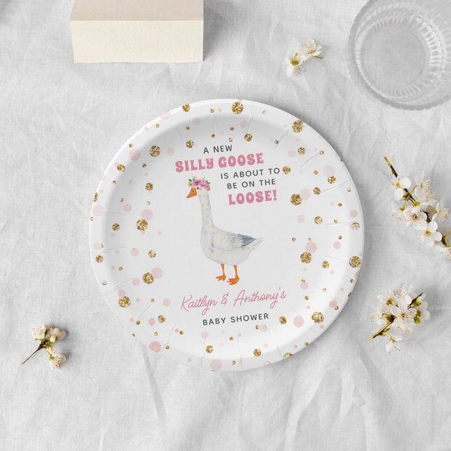 Silly Goose Pink Watercolor Girls Baby Shower Paper Plate (Creator Uploaded)