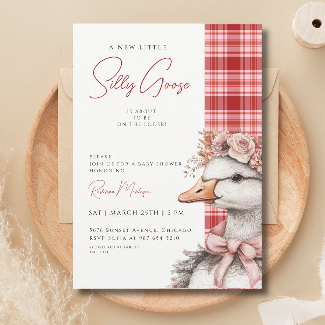 Silly Goose Red Gingham Flower Bow Baby Shower Invitation (Creator Uploaded)