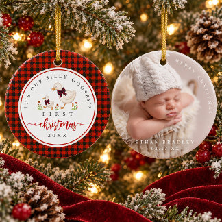 Silly Goose Red Gingham Photo Baby First Christmas Ceramic Tree Decoration