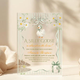 Silly Goose Sage Green Gender Neutral Baby Shower Acrylic Invitations