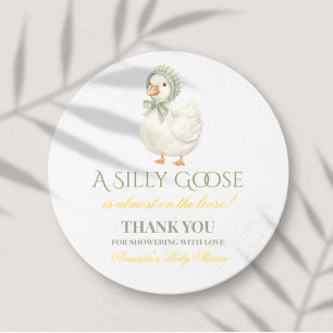 Silly Goose Sage Green Gender Neutral Baby Shower Round Paper Coaster