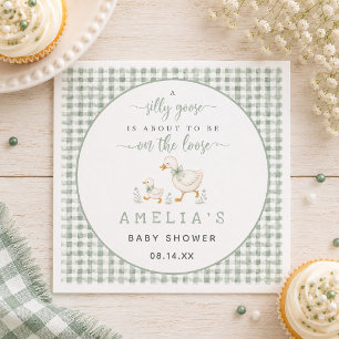 Silly Goose Sage Green Gingham Baby Shower Napkin