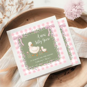 Silly Goose Sage Green Pink Gingham Baby Shower Napkin