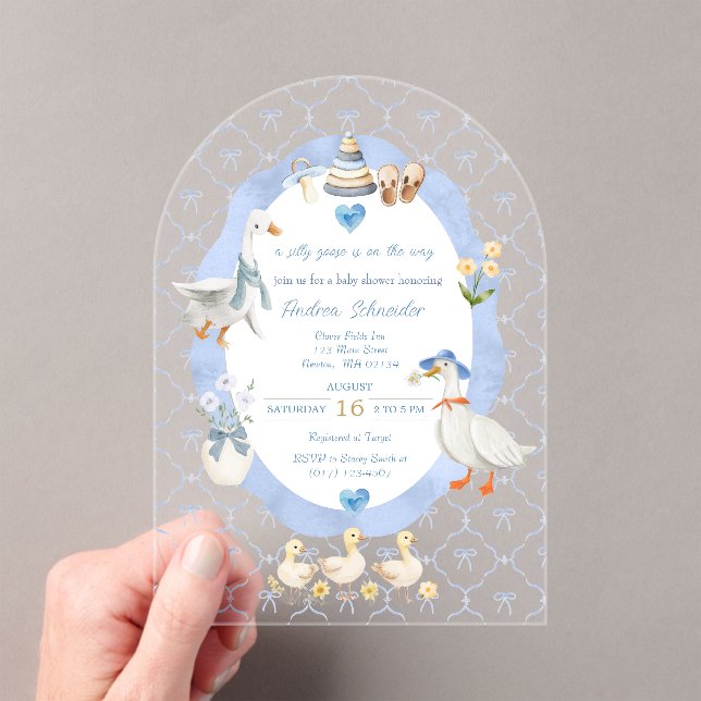 Silly Goose Whimsical Bow Baby Boy Shower Acrylic Invitations (Insitu (Handheld))