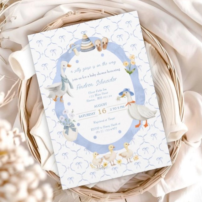 Silly Goose Whimsical Bow Baby Boy Shower Invitation (Creator Uploaded)