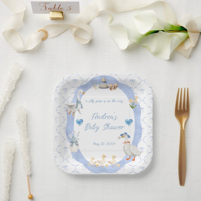 Silly Goose Whimsical Bow Baby Boy Shower Paper Plate (Wedding)