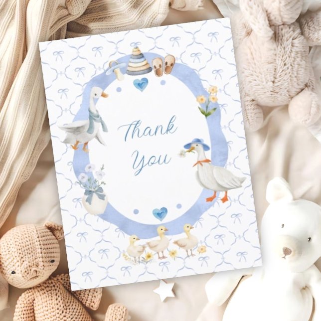 Silly Goose Whimsical Bow Baby Boy Shower Thank You Card (Creator Uploaded)