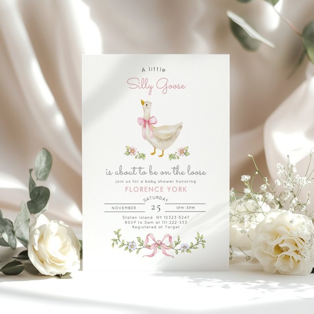 Silly Goose whimsical Pink Bow Baby girl shower Invitation (Creator Uploaded)