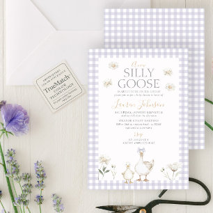 Silly Goose Whimsical Purple Gingham Baby Shower Invitation