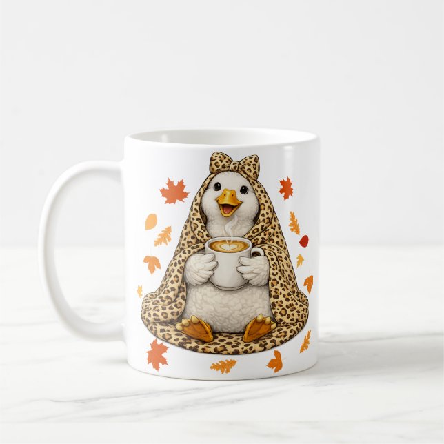 Silly Goose Wrapped in Leopard Blanket with Coffee Mug (Left)