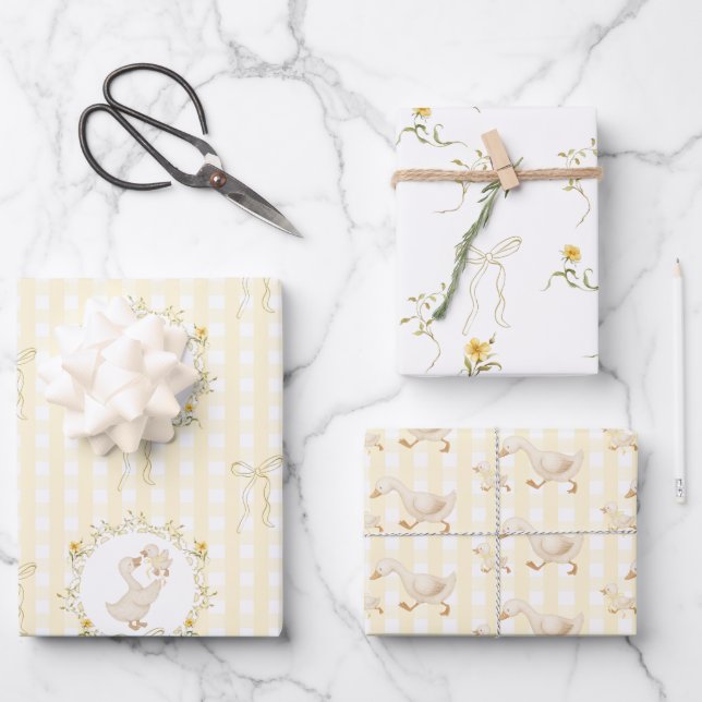 Silly Goose Yellow Gingham wildflower Baby Shower Wrapping Paper Sheet (Front)