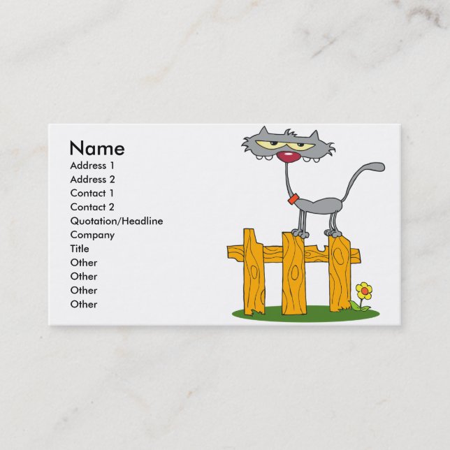 silly grey cat standing on a fence cartoon business card (Front)