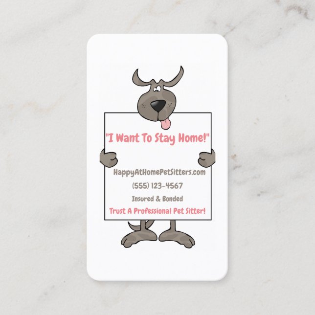 Silly Grey Dog Holding Picket Sign Pet Sitter Business Card (Front)