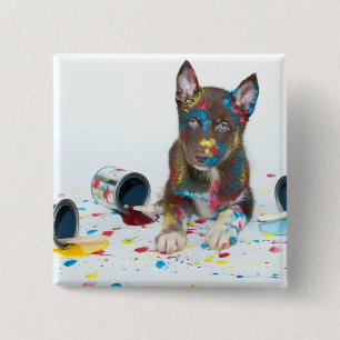 Silly Husky Puppy got into Paint Buckets 15 Cm Square Badge