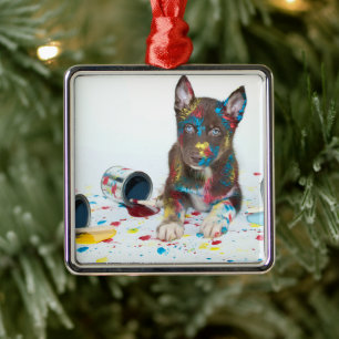 Silly Husky Puppy got into Paint Buckets Metal Tree Decoration