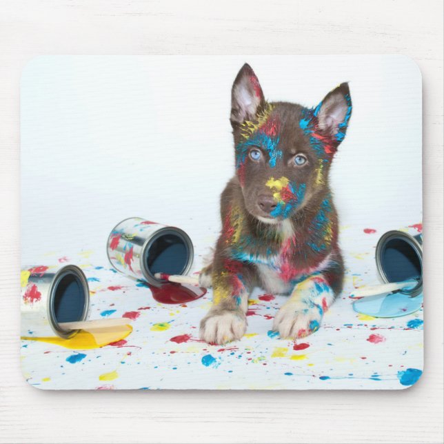 Silly Husky Puppy got into Paint Buckets Mouse Mat (Front)