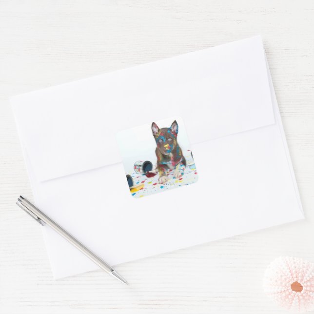 Silly Husky Puppy got into Paint Buckets Square Sticker (Envelope)