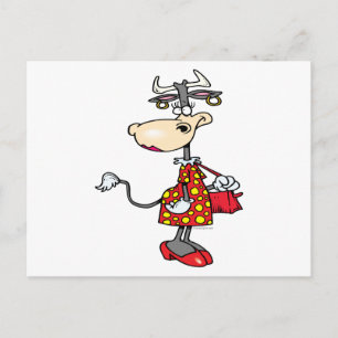 silly lady cow shopping shopper cartoon character postcard