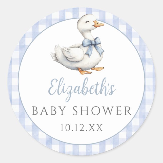 Silly Little Goose Blue Gingham Baby Shower Classic Round Sticker (Front)
