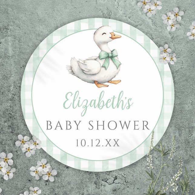Silly Little Goose Green Gingham Baby Shower Classic Round Sticker (Silly Little Goose Green Gingham Baby Shower Classic Round Sticker)