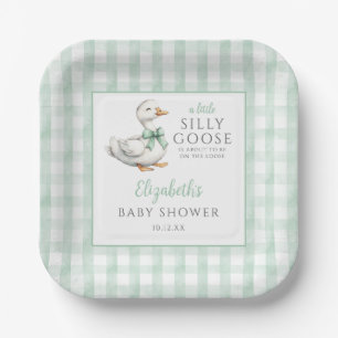 Silly Little Goose Green Gingham Baby Shower Paper Plate