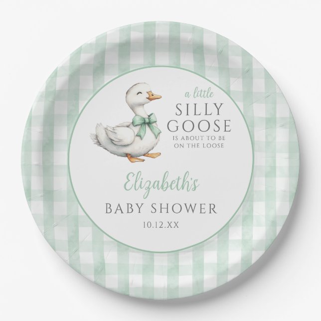 Silly Little Goose Green Gingham Baby Shower Paper Plate (Front)