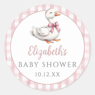 Silly Little Goose Pink Gingham Baby Shower Classic Round Sticker