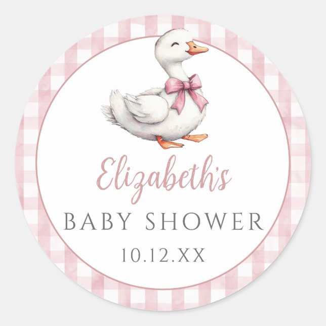 Silly Little Goose Pink Gingham Baby Shower Classic Round Sticker (Front)