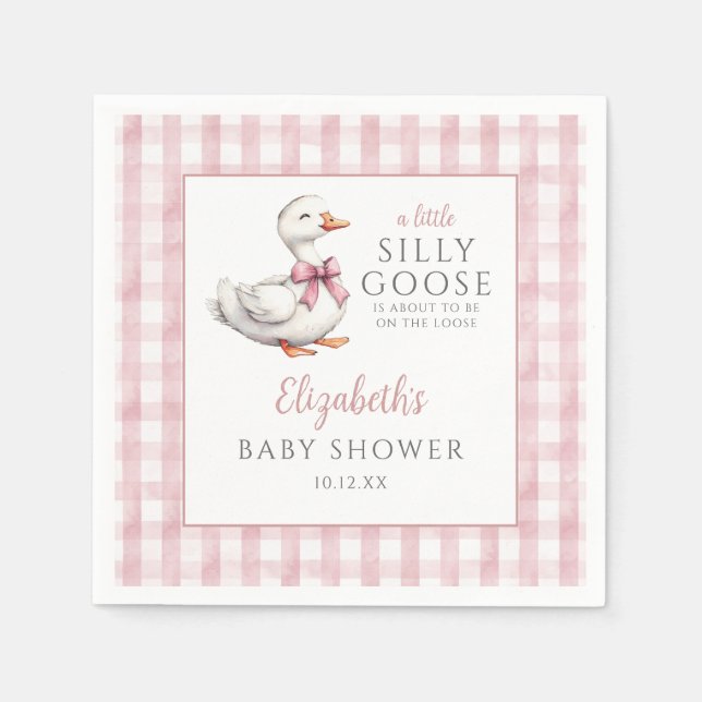 Silly Little Goose Pink Gingham Baby Shower Napkin (Front)