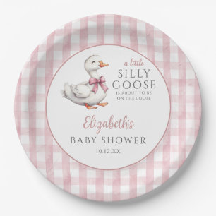 Silly Little Goose Pink Gingham Baby Shower Paper Plate