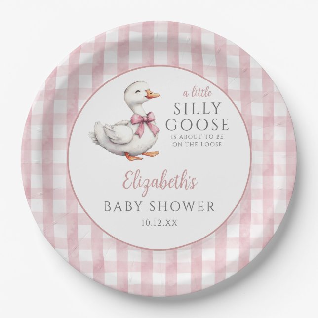 Silly Little Goose Pink Gingham Baby Shower Paper Plate (Front)