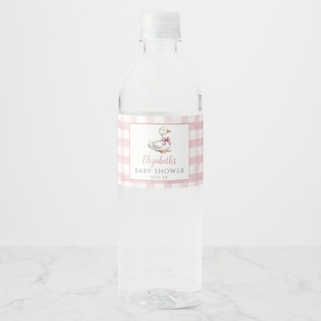 Silly Little Goose Pink Gingham Baby Shower Water Bottle Label (Front)