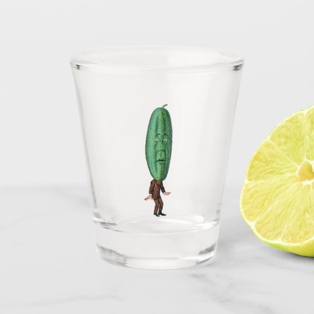 Silly Man Big Green Pickle Head Brown Suit Shot Glass (Front)