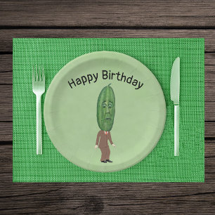 Silly Man Green Pickle Head with Face Brown Suit Paper Plate