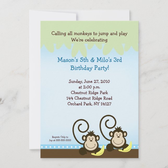 Silly Monkey Birthday Invitation 5x7 - Blue (Front)