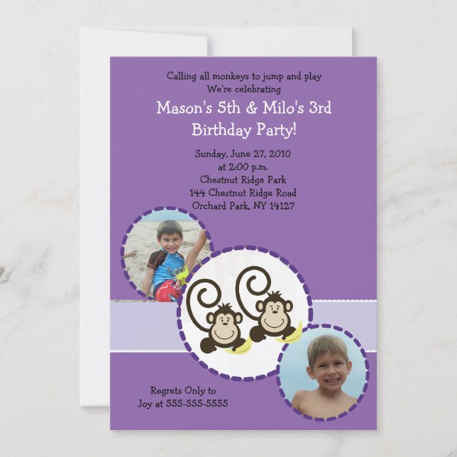 Silly Monkey PURPLE Photo Birthday Invitation 5x7 (Front)