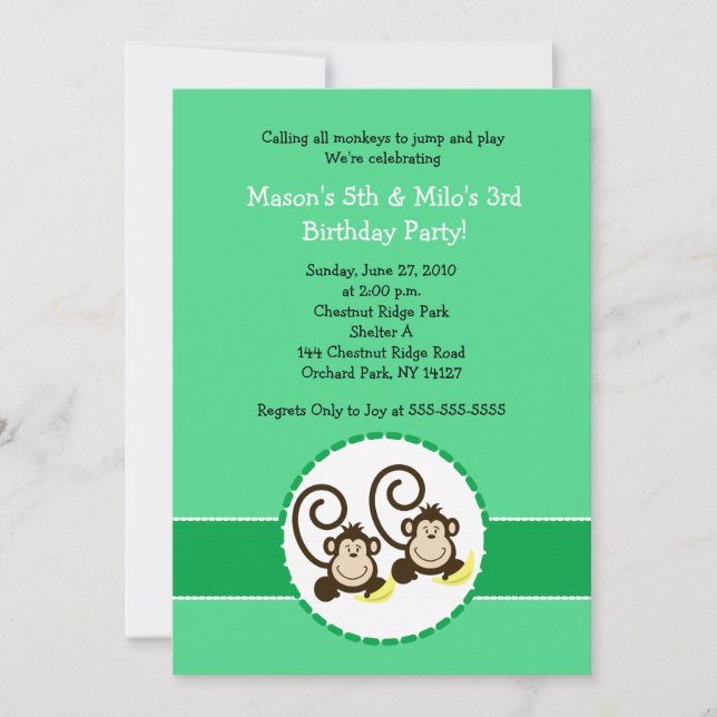 Silly Monkey Trendy 2 children Birthday invitation (Front)
