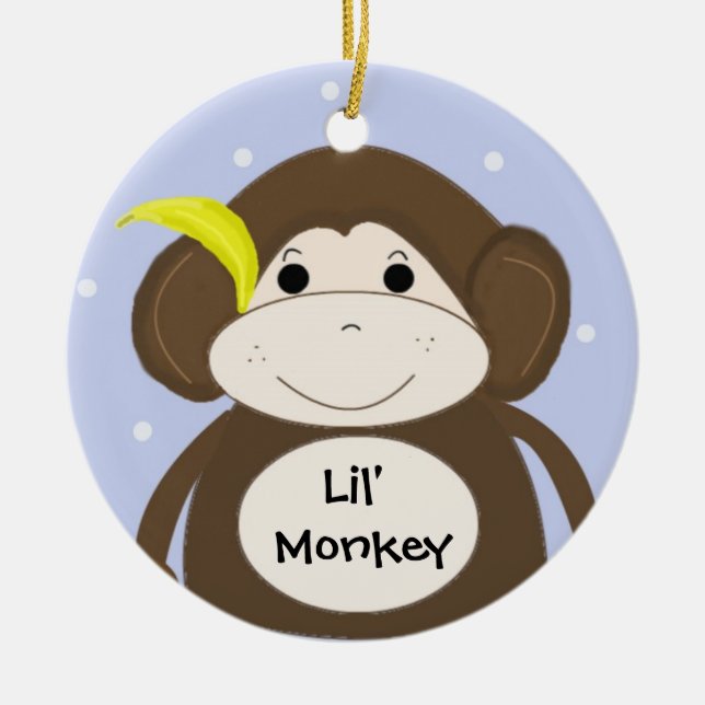 Silly Monkey with a Banana in his Ear Ceramic Tree Decoration (Front)