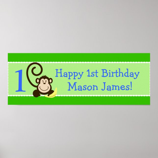 Silly Monkeys Green Personalized Birthday Banner Poster (Front)