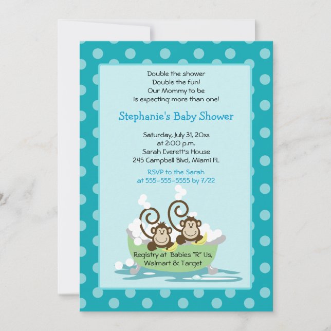 Silly Monkeys in Tub Twins Baby Shower - Aqua Invitation (Front)