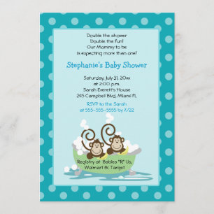 Silly Monkeys in Tub Twins Baby Shower - Aqua Invitation