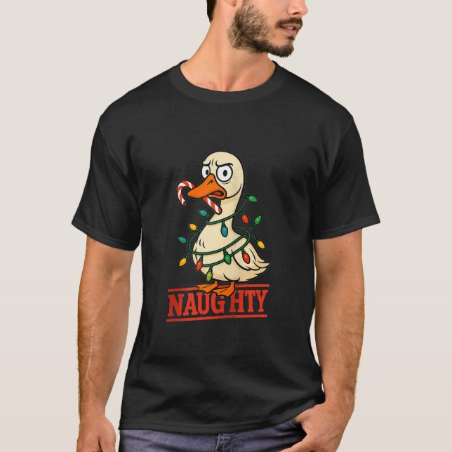 Silly Naughty Goose Christmas Tree Lights Santa Ha T-Shirt (Front)