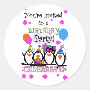 Silly Penguins Birthday Cards and Invitations Classic Round Sticker