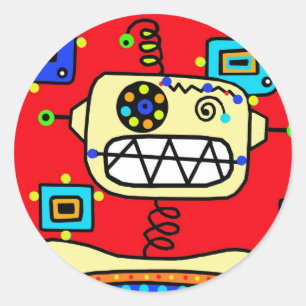 Silly Red Retro Robot Spaceman Classic Round Sticker