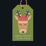 Silly Reindeer Holiday Gift Tags<br><div class="desc">Add a special touch to your holiday gift giving with these fun,  personalised gift tags,  featuring a cute reindeer with coloured lights on his antlers.  The background colour can be customised to any colour you'd like (shown in olive green)!  A Christmas tree pattern is featured on the back.</div>