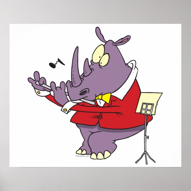 silly rhino playing flute cartoon poster (Front)